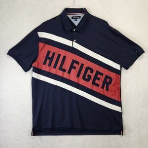 Tommy Hilfiger Mens XXL Blue Diagonal Colorblock 1985 Logo Pique Polo Shirt
